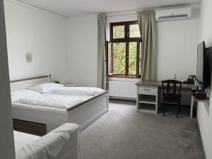 a bedroom with a bed and a desk and a window at Saint Michael - Garni Hotel in Trnava