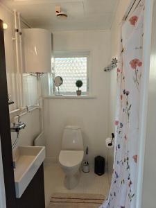 ein Badezimmer mit Toilette und Waschbecken und einem Fenster in der Unterkunft Cottage in scenic Langø in Martofte