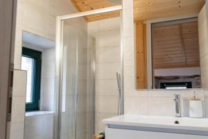 a bathroom with a shower and a sink and a mirror at Casa Rosa Tradizionale in Roccascalegna