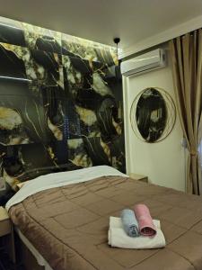 塞雷Modern central apartment的一间卧室，床上有一张带毛巾的床