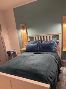 a bedroom with a bed with blue pillows on it at Aquamarine - Central and cozy in Kassel +6 photos