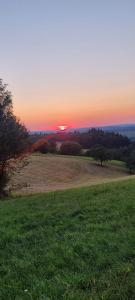 a sunset in a field with a field of grass at Ferienwohnung Hohenstaufen in Göppingen