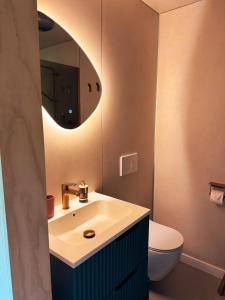 une salle de bain avec un lavabo, des toilettes et un miroir dans l'établissement Natuurhuisjes Westerwolde, à Bellingwolde
