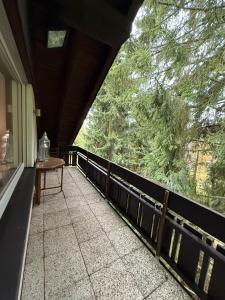 a balcony of a house with a table and trees at Skywalk Loft Willingen in Willingen