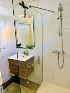 un baño con lavabo y ducha en Rust en Meer, en Zweins