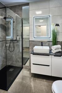 ein Badezimmer mit einem weißen Waschbecken und einer Dusche in der Unterkunft Apartament Szafirowy Paderewskiego 47a Dzielnica Parkowa Rzeszów in Rzeszów