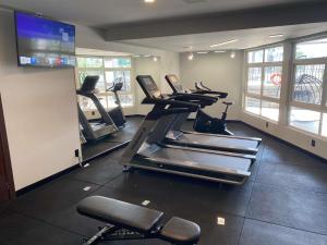 a gym with several treadmills and a flat screen tv at Mercure Jaragua do Sul in Jaraguá do Sul