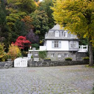 a large white house with a stone driveway at Villa Burgau in Monschau