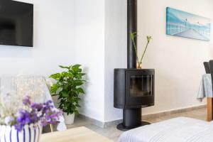 a fireplace in a living room with a tv at El Árbol de la Vida in Poblado de Sancti Petri +27 photos