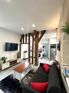a living room with a black couch and red pillows at Trio Cathédrale in Chartres