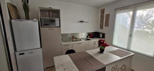 una cocina con nevera y una mesa con un jarrón de flores en Studio aux Roches Fleuries, en Lézignan-la-Cèbe