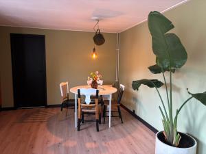 a dining room with a table and a potted plant at Huisje van Hans in Ermelo