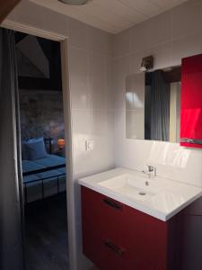 a bathroom with a sink and a mirror and a bed at Domaine de La Nouillière - Jacuzzi in Saint-Nicolas-de-Bourgueil