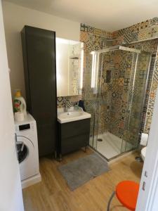 a bathroom with a shower and a sink and a washing machine at Le Clos De Quintaine Gîtes de Charme in Clessé