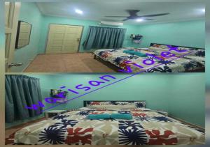 two pictures of a bedroom with two beds at Homestay Warisan Violet Bertam Jaya in Melaka