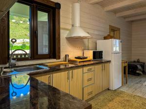 a kitchen with a white refrigerator and a sink at Котедж Маєток Ярини in Krivopolʼye