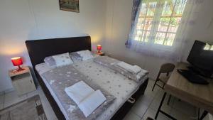 Un dormitorio con una cama, un escritorio y un televisor. en Vacsacsi vendégház, en Berekfürdő 13 fotos más