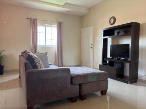 a living room with a chair and a television at Cozy Retreat in Gated Portmore Country Club in Portmore