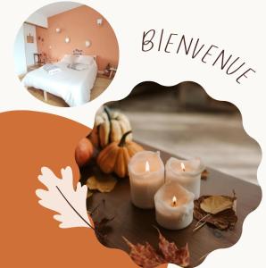 two pictures of a room with candles and a bed at Le Cocon Cosy logement entier Gare à 5 min à pied 1H de Paris in Saint-Just-en-Chaussée