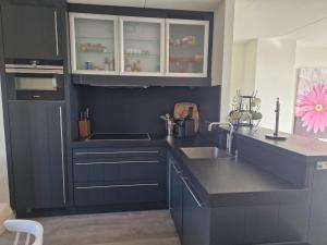 eine Küche mit dunkelblauen Schränken und einem Waschbecken in der Unterkunft Kaapsduun in Nes