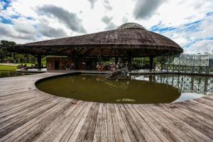 un piccolo stagno con un ombrellone di paglia e un edificio di House 1 room Gamá COP30 a Belém