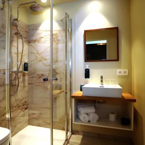 a bathroom with a sink and a shower at Aparthotel Acacia in Eeklo