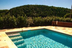 a swimming pool with a mountain in the background at Rocca Contrada in Arcevia