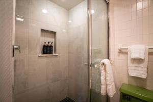 a bathroom with a shower with a glass door at 70s Retro Escape Hot Tub, Sauna & Arcade Games in Gaylord +36 photos