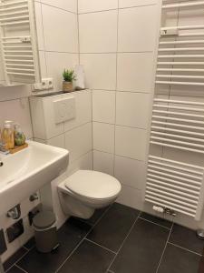 a white bathroom with a toilet and a sink at Gemütliches Apartment in zentraler Lage in Ingolstadt