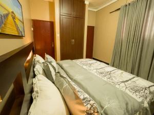 a bedroom with a bed with pillows on it at Cozy One Bedroom Apartment with Fast Fibre Wifi, Netflix, Hot Showers, Furnished Kitchen in Kampala