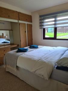 Un dormitorio con una gran cama blanca y una ventana. en SHANTY Timber Chalet, en Criccieth