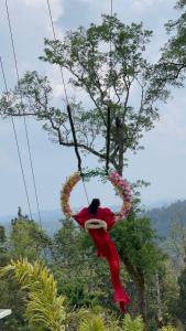 een persoon die aan een touw in een boom hangt bij Bee tree adventure park tent stay in Madikeri