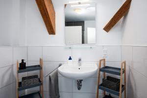 a bathroom with a sink and a mirror at Grashaus Groothusen in Krummhörn +39 photos