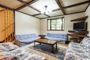 a living room with couches and a flat screen tv at ホテル白馬五竜ベース in Hakuba