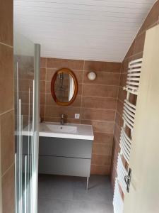 a bathroom with a sink and a mirror at Charmante maison de campagne in Commana
