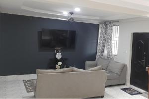 a living room with a couch and a tv at 1 Bed Apartment Sleeps 4 with Free Parking in Kasoa