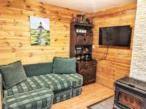 a living room with a couch and a flat screen tv at Holiday Home Chaloupka U lesa by Interhome in Harrachov +27 photos