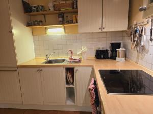a kitchen with white cabinets and a sink at Haus am Meer Whg3 in Rerik