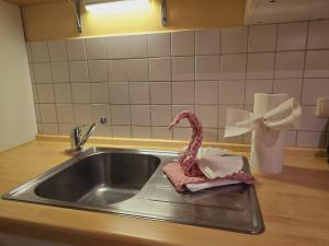 a toy flamingo sitting on a tray in a sink at Haus am Meer Whg3 in Rerik