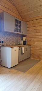 a kitchen with white appliances in a wooden cabin at Nice House in Maidan Village +11 photos