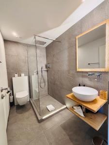 a bathroom with a sink and a shower and a toilet at Typically Swiss Hotel Ermitage in Kandersteg