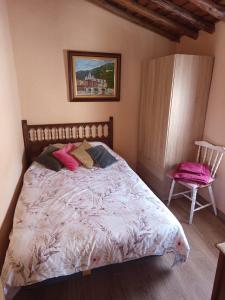 a bedroom with a bed with pink pillows and a chair at Casa rural TIO PEDRITO in Robledillo +4 photos