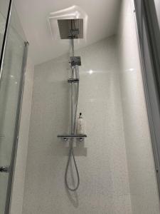 a shower in a bathroom with a bottle on a shelf at Alum House Littlebeck, Whitby - Roe Deer Lodge in Sleights