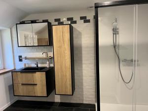 a bathroom with a shower and a sink at Maison de La Rive in Ploëzal +10 photos