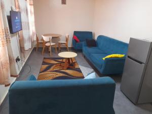 カンパラにあるCity View Apartment, Albert Cook Roadの青いソファとテーブルのあるリビングルーム