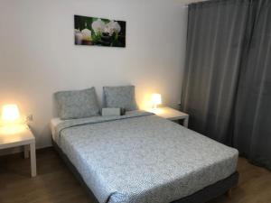 a bedroom with a bed and two tables and two lamps at Casa Maripaula Caminheiros in Belinho