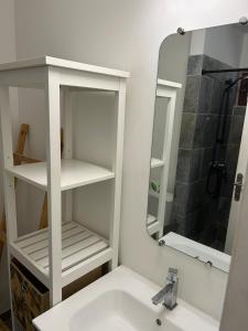 a bathroom with a sink and a mirror at Beachfront Studio in Marigot