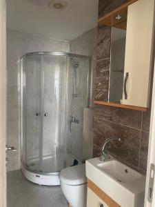 ein Badezimmer mit Dusche, Toilette und Waschbecken in der Unterkunft Alice İn Taksim Apart in Istanbul