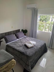 a bedroom with a bed with purple pillows and a window at Apartamento em Pomerode Centro - Térreo in Pomerode