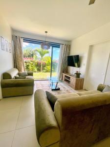 a large living room with a couch and a tv at Appartement chaleureux avec jardin et piscine in Albion
